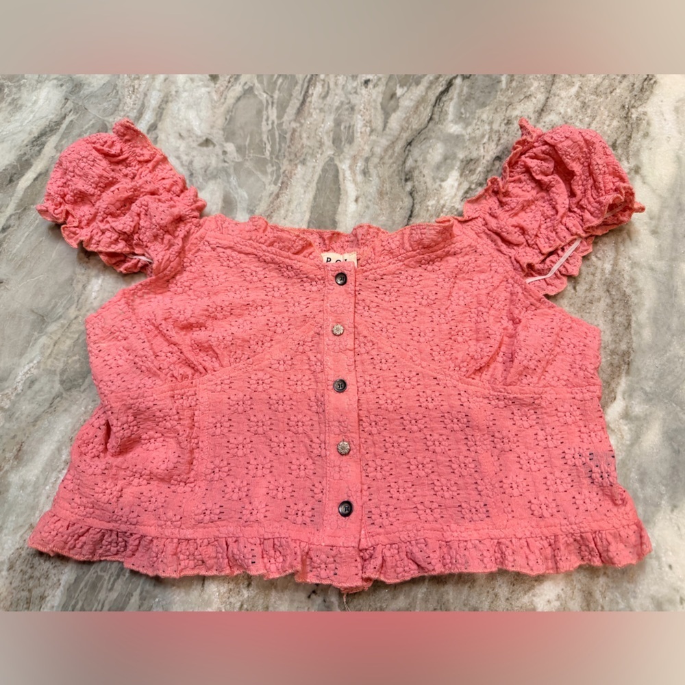 POL Pink Lace Boho Ruffle Sleeve Top Blouse Size L
